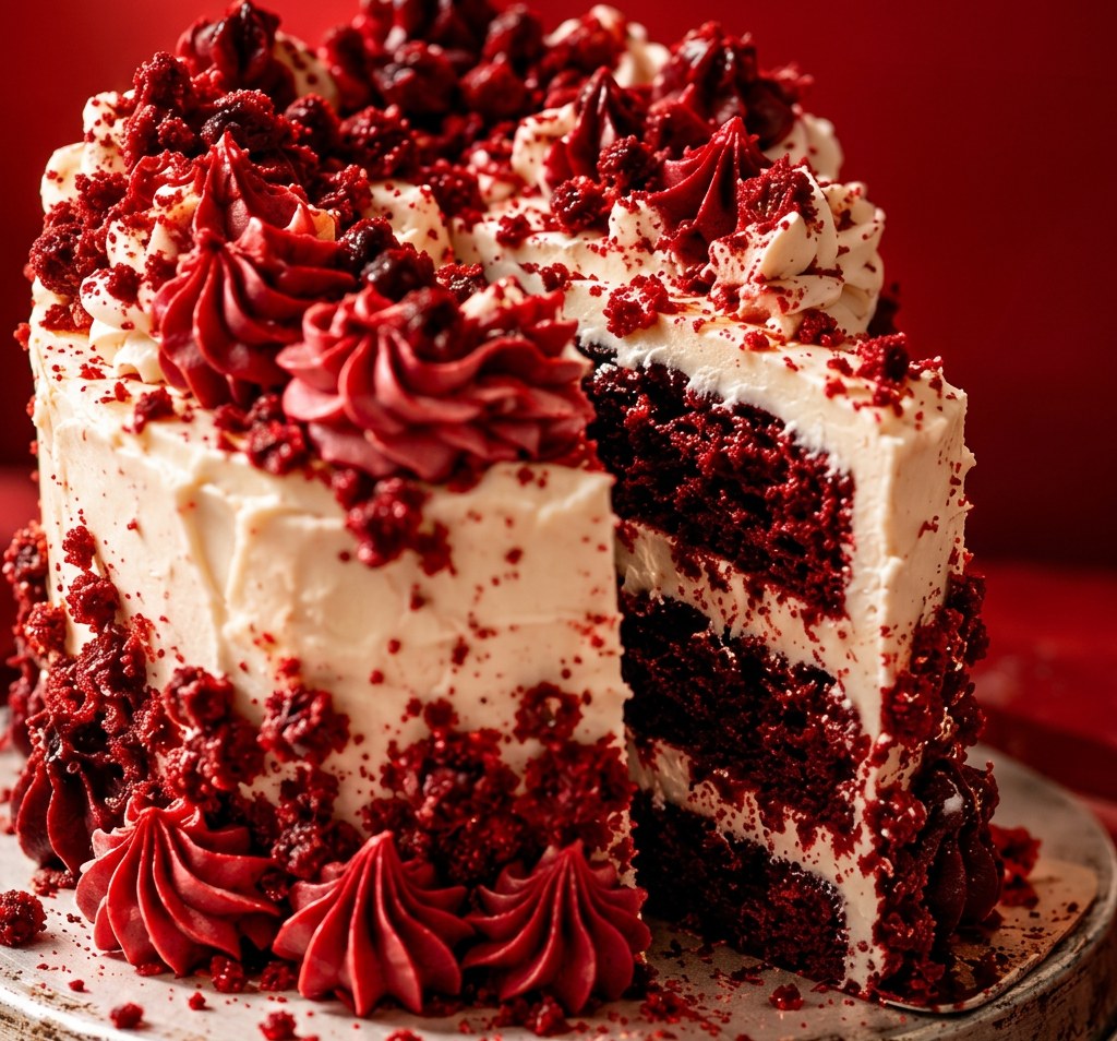 Red velvet layer cake with cream cheese frosting, sliced open