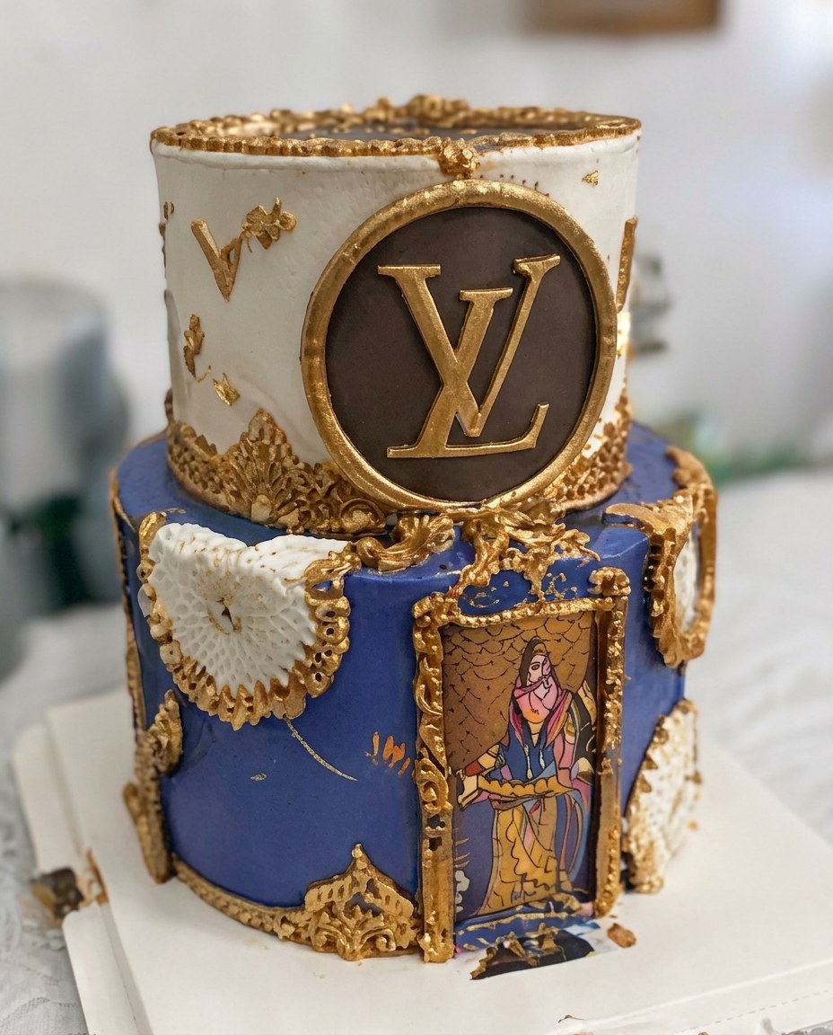 Navy and gold designer tiered cake